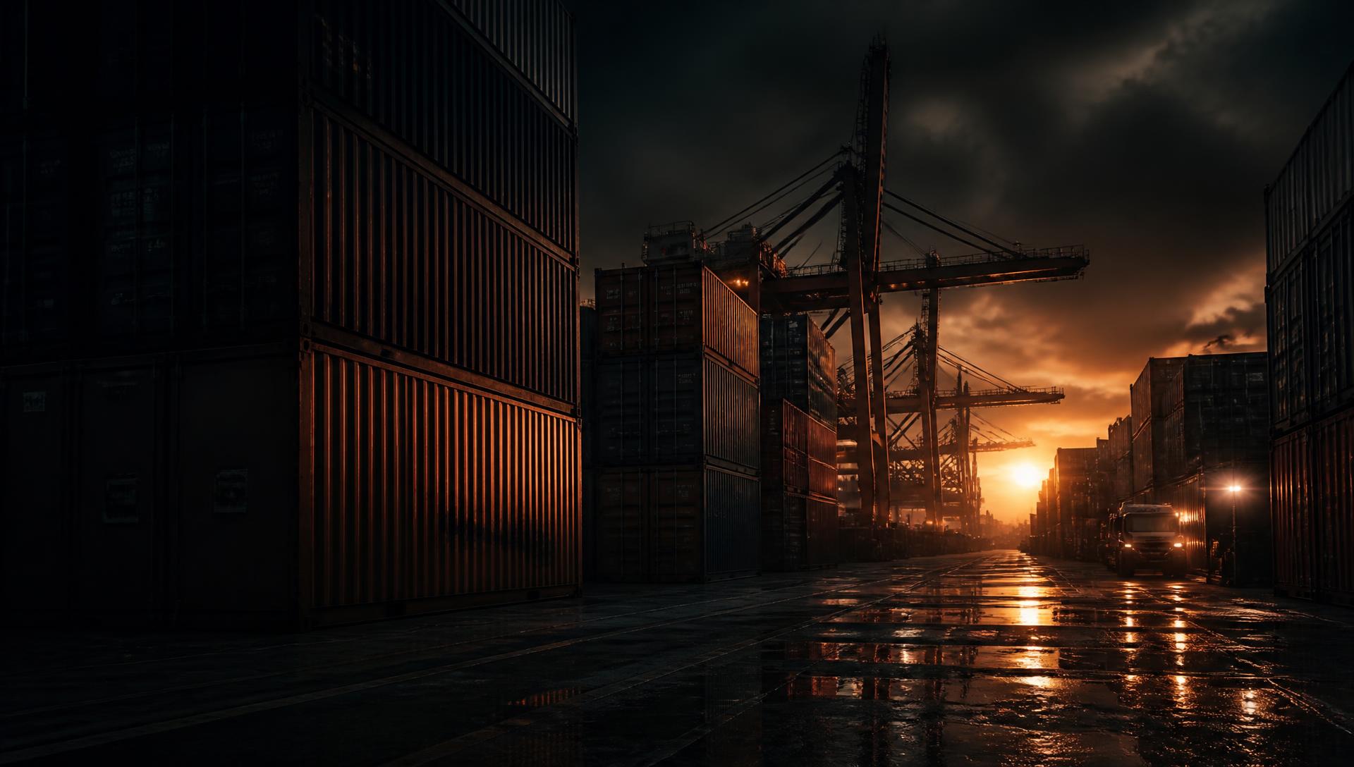 Shipping containers stacked at a port terminal at dusk