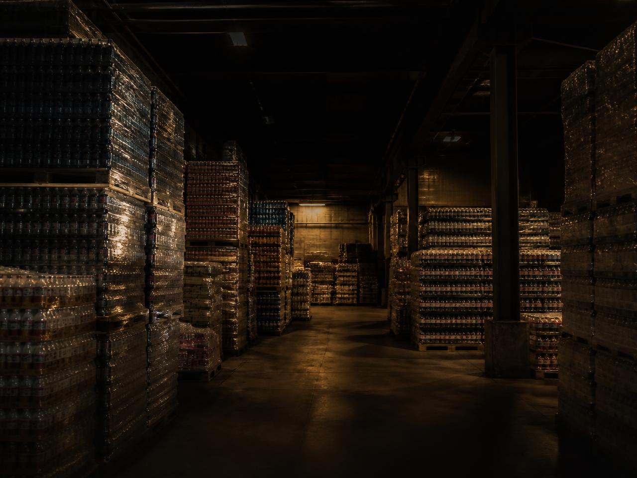 Pallets of shrink-wrapped consumer goods stacked in a warehouse